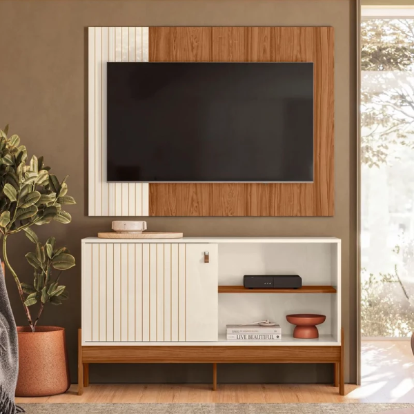 Rack e Painel Wood Prola Metalizada-Cinamomo Mel Larg. 1.20m - Mobler