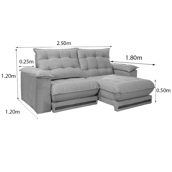 Sof Retrtil Reclinvel Madri 2.50m Veludo Prata 321 - D28 e Molas Ensacadas