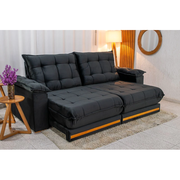 Sof Retrtil Reclinvel Madri 2.50m Veludo Preto 322 - D28 e Molas Ensacadas