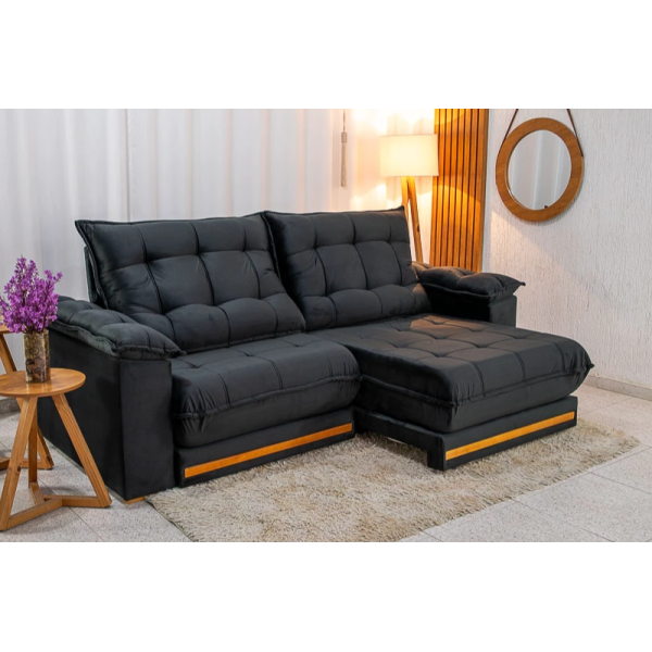 Sof Retrtil Reclinvel Madri 2.50m Veludo Preto 322 - D28 e Molas Ensacadas