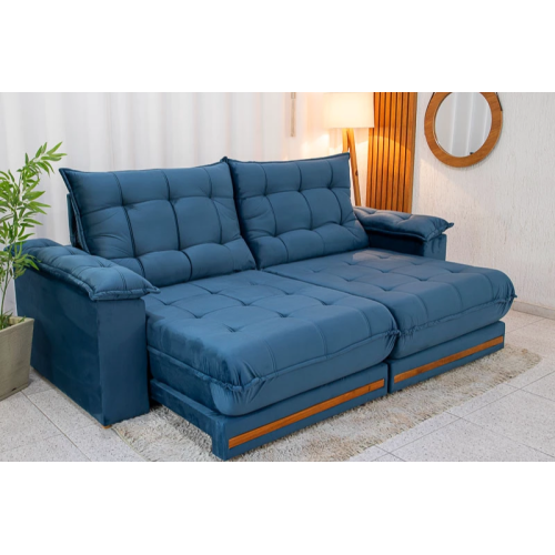 Sof Retrtil Reclinvel Madri 2.50m Veludo Azul 325 - D28 e Molas Ensacadas
