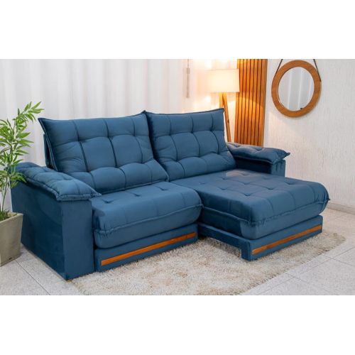 Sof Retrtil Reclinvel Madri 2.50m Veludo Azul 325 - D28 e Molas Ensacadas