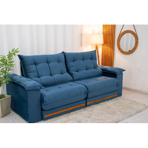 Sof Retrtil Reclinvel Madri 2.50m Veludo Azul 325 - D28 e Molas Ensacadas