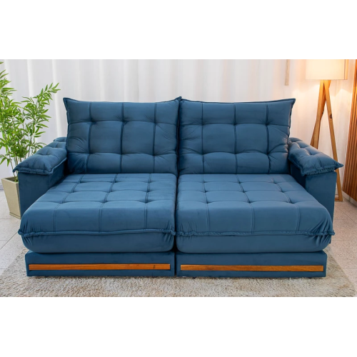 Sof Retrtil Reclinvel Madri 2.50m Veludo Azul 325 - D28 e Molas Ensacadas