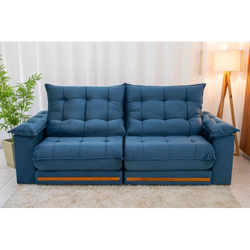 Sof Retrtil Reclinvel Madri 2.50m Veludo Azul 325 - D28 e Molas Ensacadas
