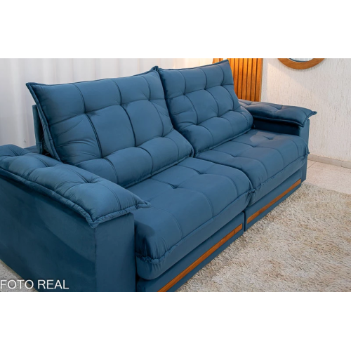 Sof Retrtil Reclinvel Madri 2.50m Veludo Azul 325 - D28 e Molas Ensacadas