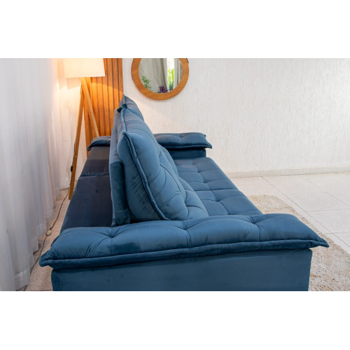 Sof Retrtil Reclinvel Madri 2.50m Veludo Azul 325 - D28 e Molas Ensacadas