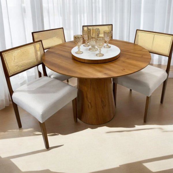 Mesa Redonda Malva Larg. 1.10m Mel + 4 Cadeiras Monalisa Mel/Linho Bege 