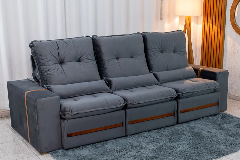 Sofá Retrátil Reclinável 2.60m Montreal Veludo Cinza - D33 - RJ