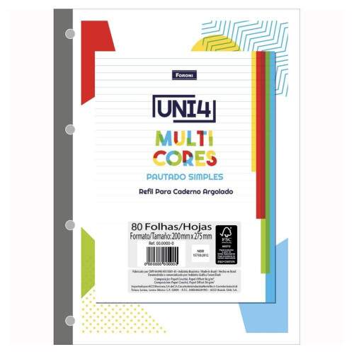 Refil Caderno Argolado Foroni Uni 4 Colorido 80 Fls