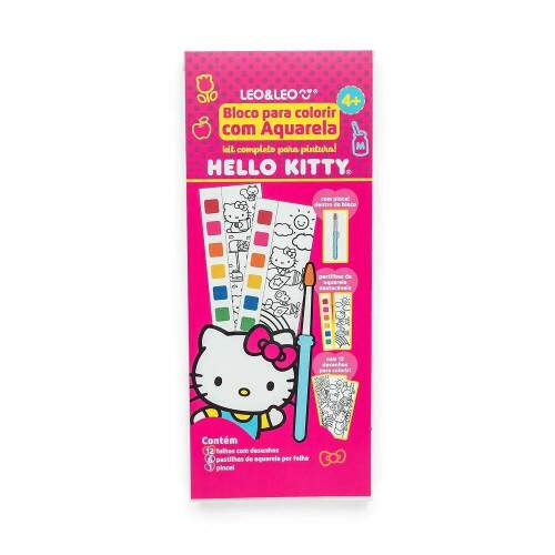 Bloco De Colorir Com Aquarela Leo e Leo Hello Kitty 12 Folhas com 6 Cores e Pincel