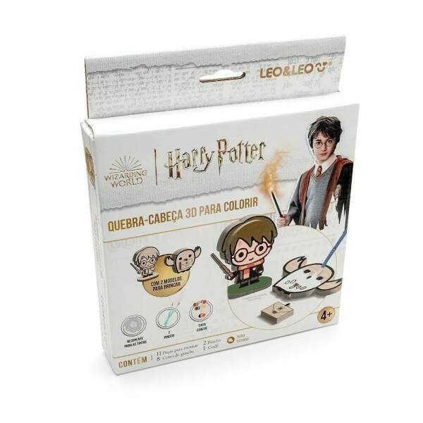 Quebra-Cabeca 3D Para Colorir Leo e Leo Harry Potter Kit com 11 Pecas + 8 Cores De Guache + 2 Pinceis