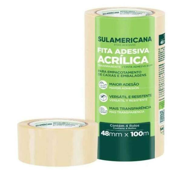 Fita Adesiva Transparente Sulamericana 48 mm x 100 m Pct 4 Un