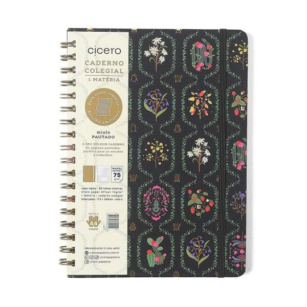 Caderno Ccero Espiral Jardim Pautado 17x24 Preto 80 Fls