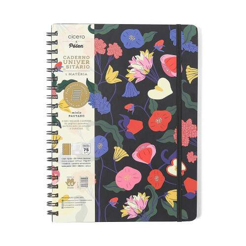Caderno Ccero Espiral Doce Florada Pautado 20x28 Preto 80 Fls