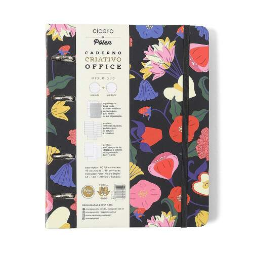 Caderno Argolado Ccero Office Duo Doce Florada Pautado & Pontado Preto