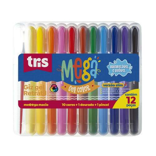 Giz Gel Tris Mega Color 10 Cores Regulares + Dourado + 1 Pincel