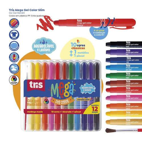 Giz Gel Tris Mega Color 10 Cores Regulares + Dourado + 1 Pincel