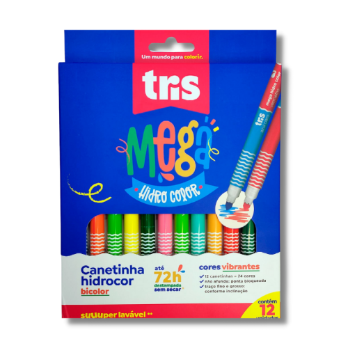 Caneta Hidrocor Tris Mega Bicolor 24 Cores