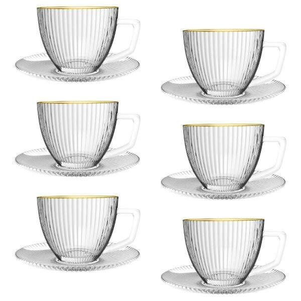 JOGO DE 6 XCARA PARA CH COM PIRES DE VIDRO GRAFFIATO 230ML BORDA DOURADA