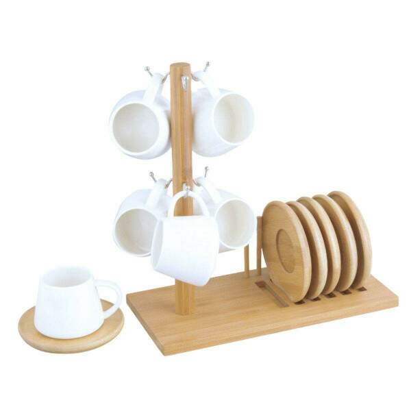 JOGO COM 06 XCARA PARA CAF 90ML COM PIRES E SUPORTE EM BAMBU