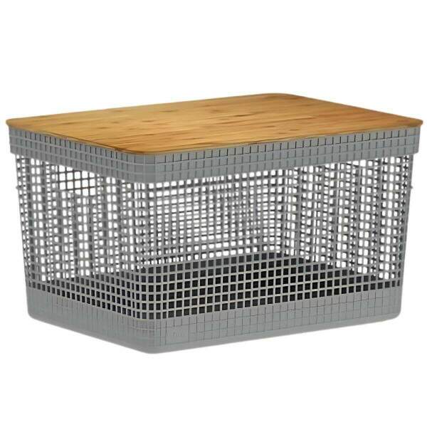 Cesto Organizador Grid com Tampa de Bambu 20L Moderno e Prtico