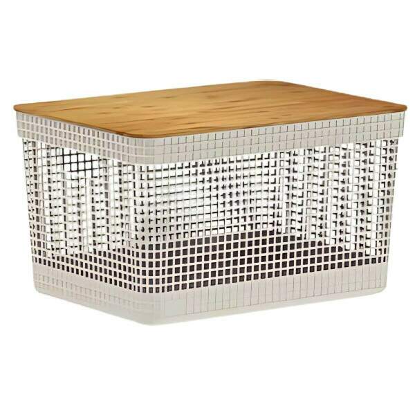 Cesto Organizador Grid com Tampa de Bambu 20L Moderno e Prtico
