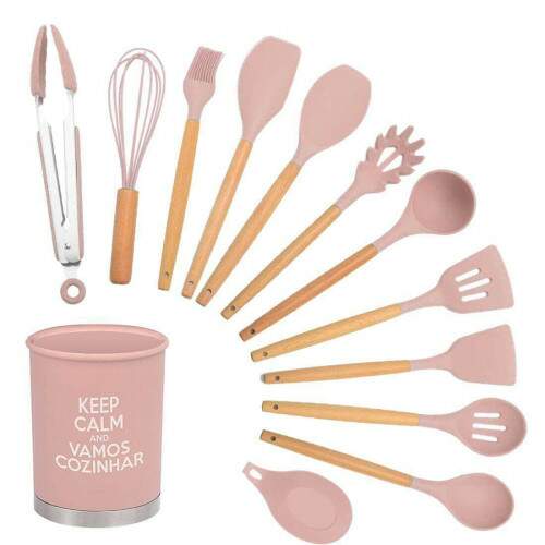 CONJUNTO DE UTENSLIOS DE COZINHA EM SILICONE CABO EM MADEIRA 13 PEAS VERMELHO