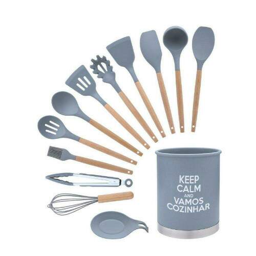 CONJUNTO DE UTENSLIOS DE COZINHA EM SILICONE CABO EM MADEIRA 13 PEAS VERMELHO