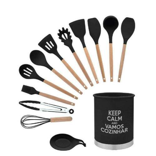 CONJUNTO DE UTENSLIOS DE COZINHA EM SILICONE CABO EM MADEIRA 13 PEAS VERMELHO