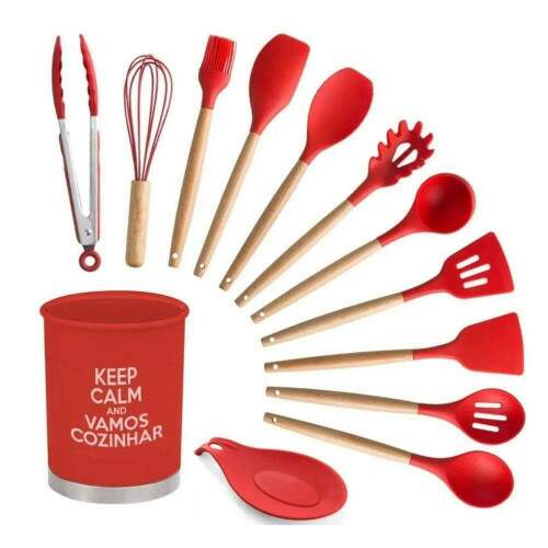 CONJUNTO DE UTENSLIOS DE COZINHA EM SILICONE CABO EM MADEIRA 13 PEAS VERMELHO