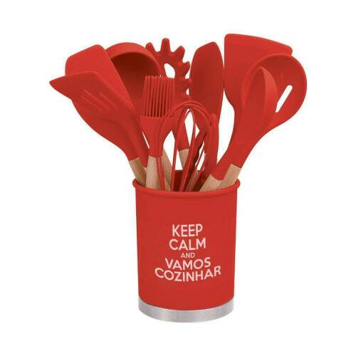 CONJUNTO DE UTENSLIOS DE COZINHA EM SILICONE CABO EM MADEIRA 13 PEAS VERMELHO