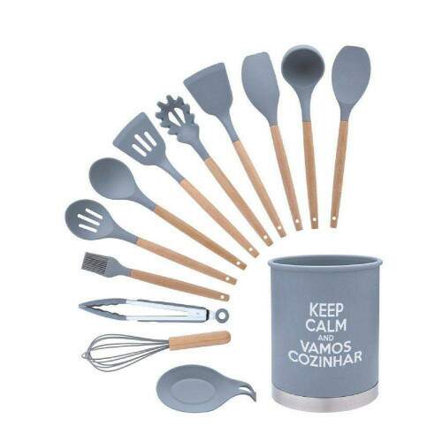 CONJUNTO DE UTENSLIOS DE COZINHA EM SILICONE CABO EM MADEIRA 13 PEAS VERMELHO