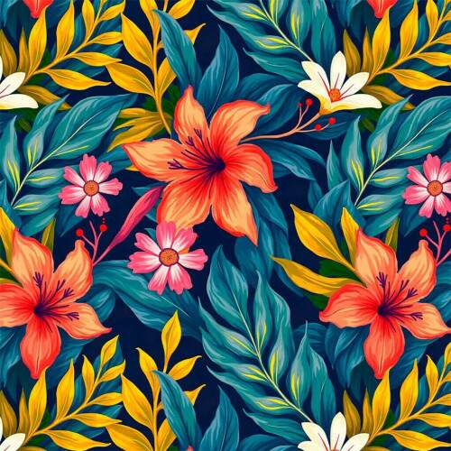 Tricoline Digital Floral Tropical ? Flores Coloridas Fundo Azul