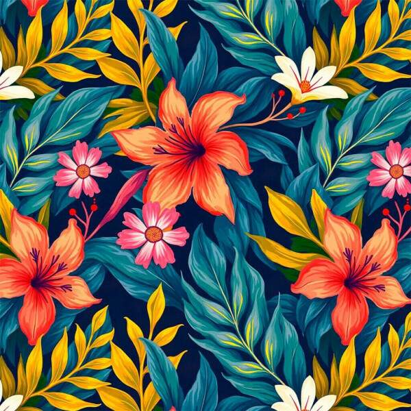 Tricoline Digital Floral Tropical ? Flores Coloridas Fundo Azul