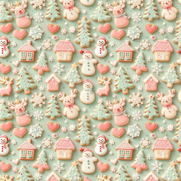 Estampa Tricoline Digital Natalina Biscoitos ? Boneco de Neve, Rena e rvore de Natal