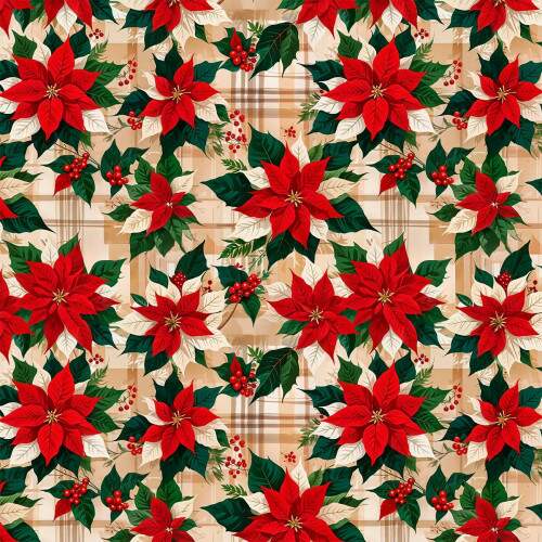 Tricoline Digital Natalino bico-de-papagaio/poinsettia Flores Vermelhas 100% Algodo ? Tecido de Natal