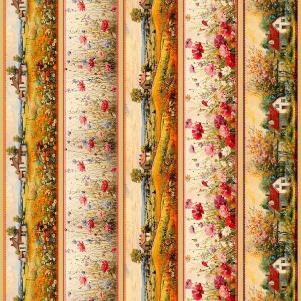 Tricoline Digital Barrado Campos Florais com Casinhas ? Tecido Algodo