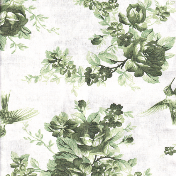 Tricoline Floral com Beija flor Verde cha 100% algodao