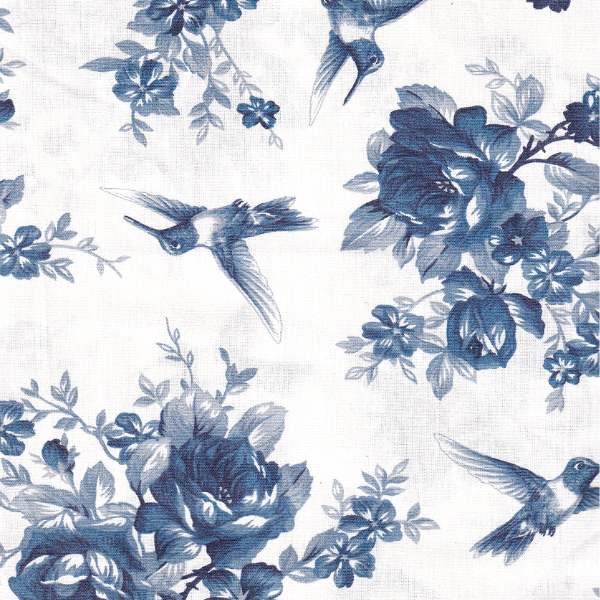 Tricoline Floral com Beija flor azul jeans 100% algodao