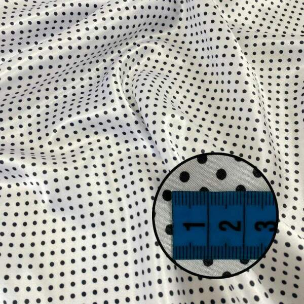 Cetim estampado micro Po bolinhas branco com preto