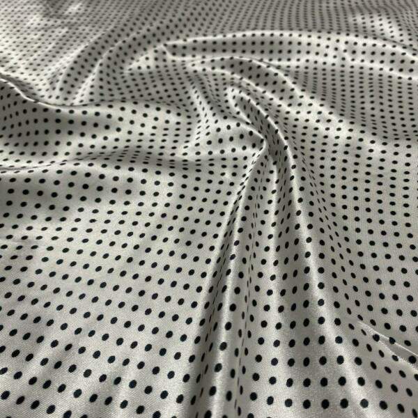 Cetim estampado micro Po bolinhas branco com preto