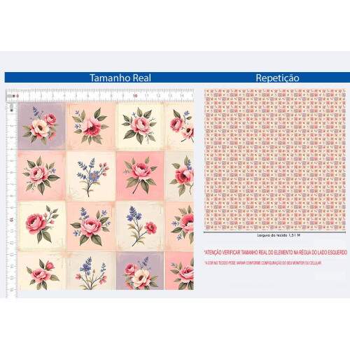 310052 - Tecido Digital QUADRICULADO COM ROSAS