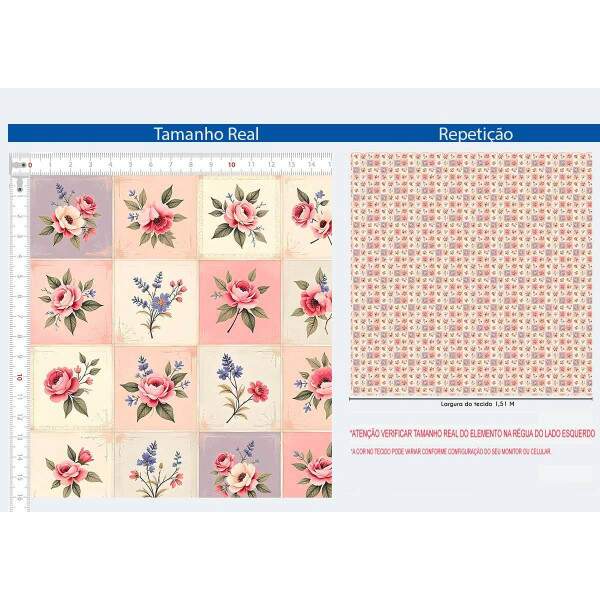 310052 - Tecido Digital QUADRICULADO COM ROSAS 
