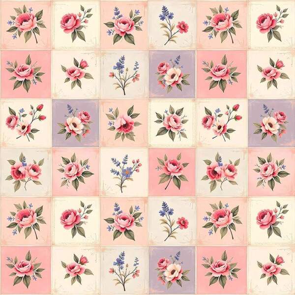 310052 - Tecido Digital QUADRICULADO COM ROSAS 