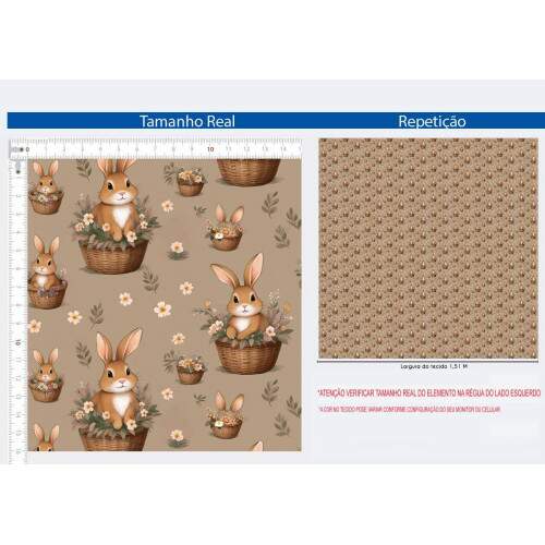 Tecido tricoline Digital Pascoa COELHO NO CESTO