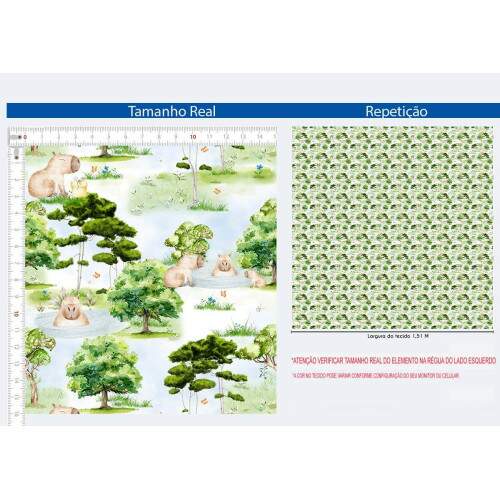 Tricoline Digital Capivara Infantil ? Estampa Natureza e Lago ? 100% Algod�o