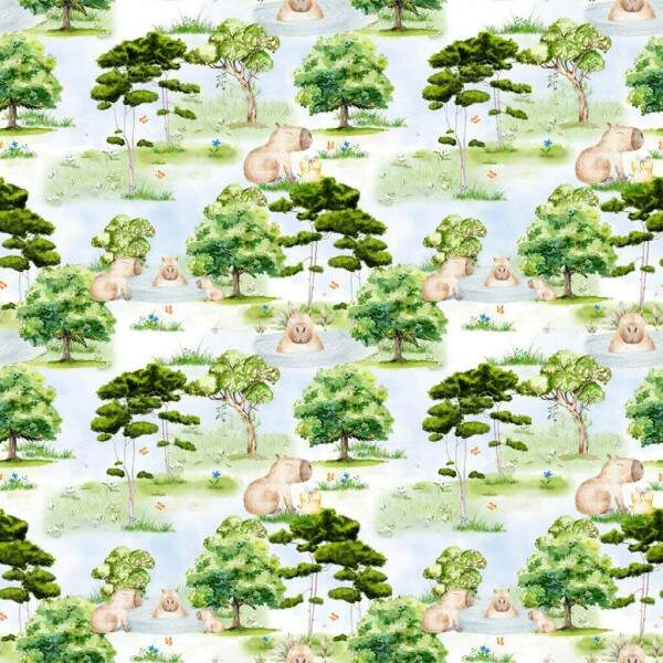Tricoline Digital Capivara Infantil ? Estampa Natureza e Lago ? 100% Algod�o