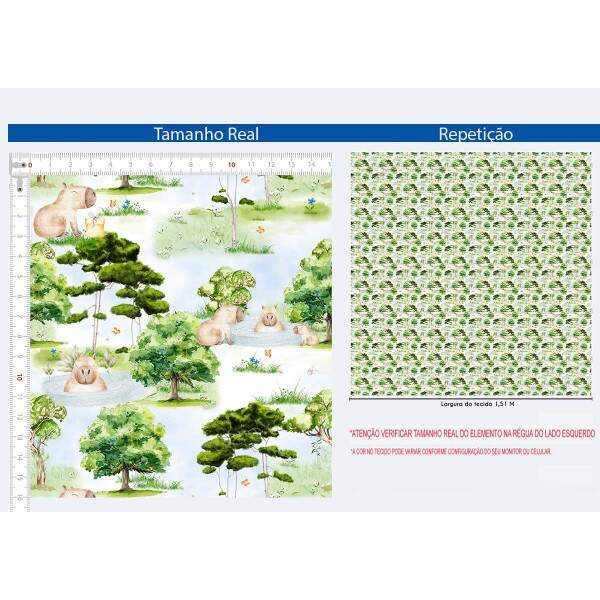 Tricoline Digital Capivara Infantil ? Estampa Natureza e Lago ? 100% Algod�o