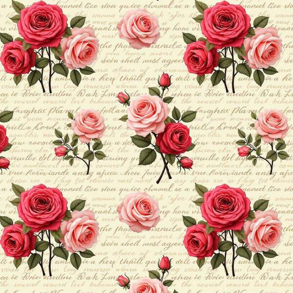 310052 - Tecido tricoline Digital BOUQUET ROSAS com letras vintage